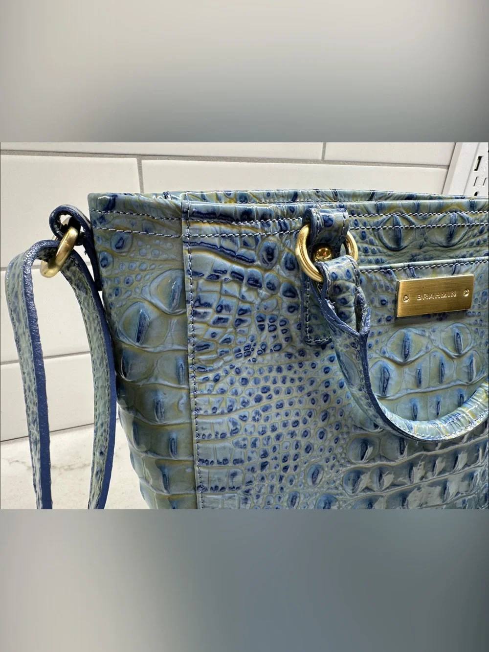 Blue Croc-Embossed Leather Satchel with Removable Strap